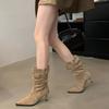 Retro Suede Pleated Piled Boots Women's 2025 New Belt Buckle Slim Mid-tube Boots Thin Heel Pointed High Heel Short Boots