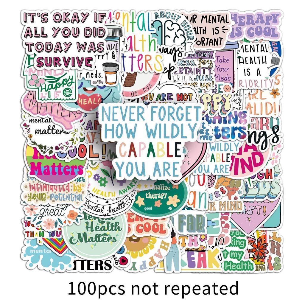 100 Mental Health Doodle Stickers: English Slogans for Water Bottles, Phone Cases, and Computers