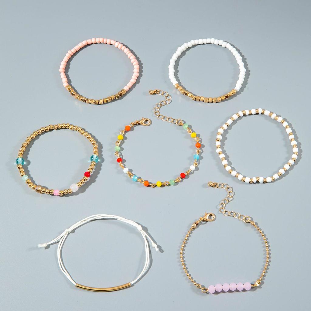 Bohemian Style Colorful Rice Bead CCB Seven Piece Bracelet Dopamine Elastic Bracelet Set for Women