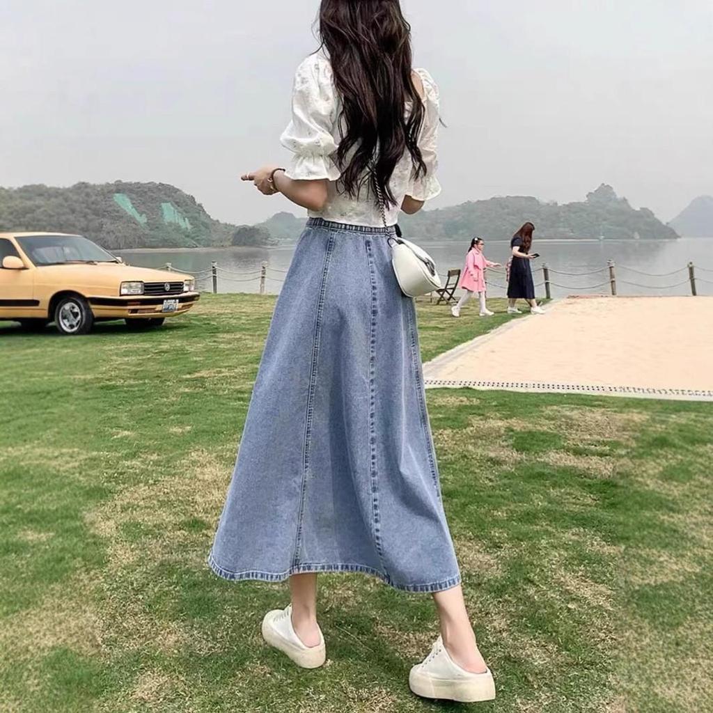 Women's High Waist A-Line Denim Midi Skirt - Slim, Fashionable, and Loose Big Swing Style for Summer