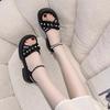 Women Thick Sole Beach Sandals Pearl Decor Ruffle Mesh Strap Soft Non Slip Casual Summer Shoes