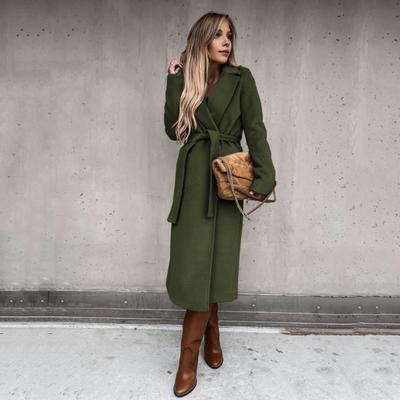 Women Winter Coat with Belt Formal Business Style Turn-down Collar Calf Length Overcoat OL Commuting Jacket Solid Color Thick Outerwear
