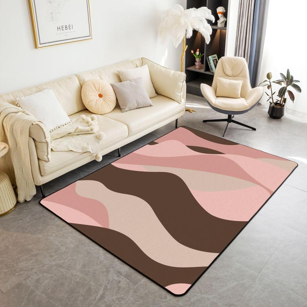 Erosebridal Pink and Brown Living Room Rugs,Abstract Geometric Girls Area Rugs 3x5,Retro Pink Brown Waves Ombre Carpet for Teen Adult Women,
