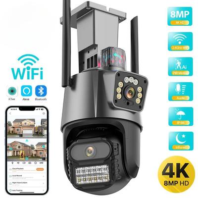 Yeni AB Dış Mekan Wifi PTZ Kamera 4K 8MP HD Çift Lensli Çift Ekranlı Kamera AI Otomatik Takip Video Gözetimi Polis Işık Alarmı iCSee