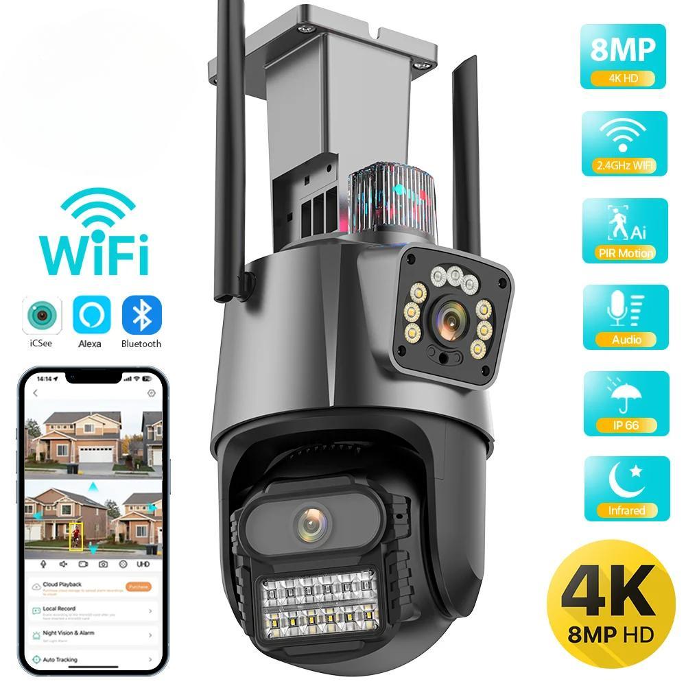 Nová EU venkovní Wifi PTZ kamera 4K 8MP HD kamera s duálním objektivem se dvěma obrazovkami AI Auto Tracking Video Surveillance Police Light Alarm iCSee