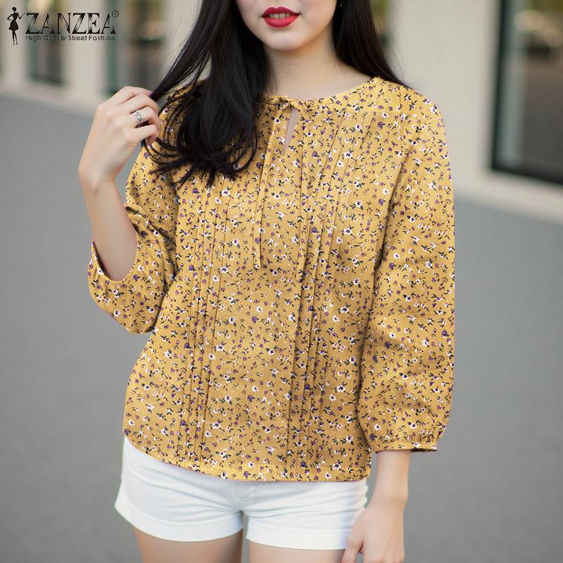 

ZANZEA Women Casual Round Neck 3/4 Skeeve Loose Floral Blouse S чёрный