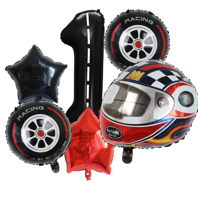 Tire Helmet Balloon 18 Inch Black And White Plaid Round Aluminum Film Balloon Racing Theme Party Decorative Balloon