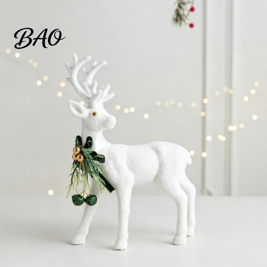 Minimalist White Flocked Ornaments Elk Ornament, Ribbon Bell Decor 3D Standing Deer Indoor Holiday Atmosphere Figurine, Decorative Accents for