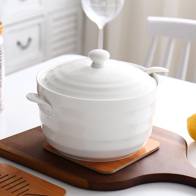 Double Ear Ceramic Soup Bowl Set with Lid - Microwave Safe, Includes Large Spoon and Tureen, Pure White, Creative Design (8 Bowls)