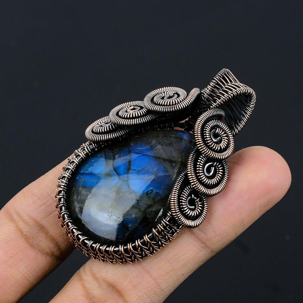 Blue Flash Labradorite Handmade Pendant, Natural Gemstone Jewelry, 999 Copper Wire Wrapped Pendant Jewelry, For Gift