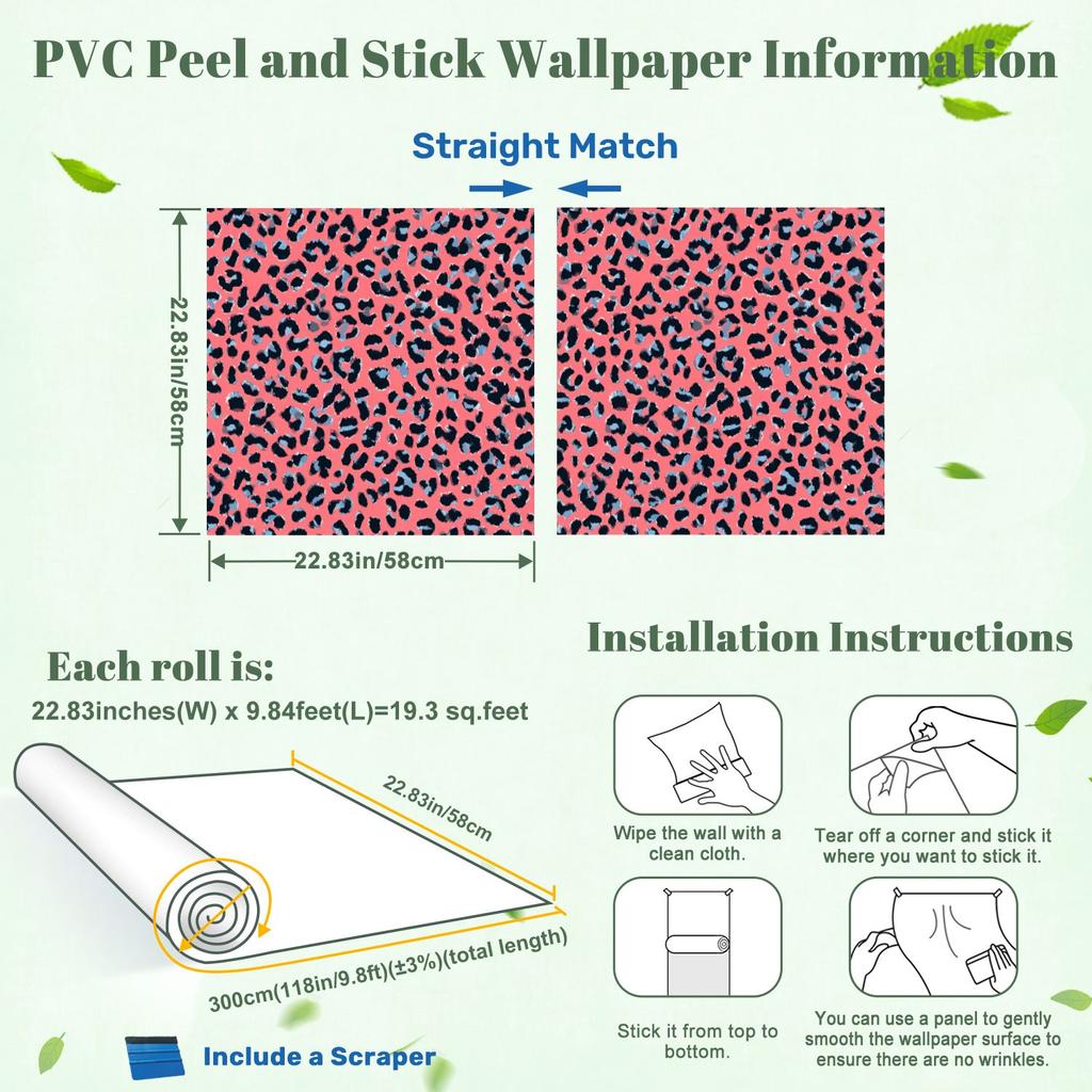 Pink Black Leopard Blue Wallpaper 22.83"X118" Waterproof Wallpaper for Living Room/Bedroom/Bathroom PVC Wall Sticker