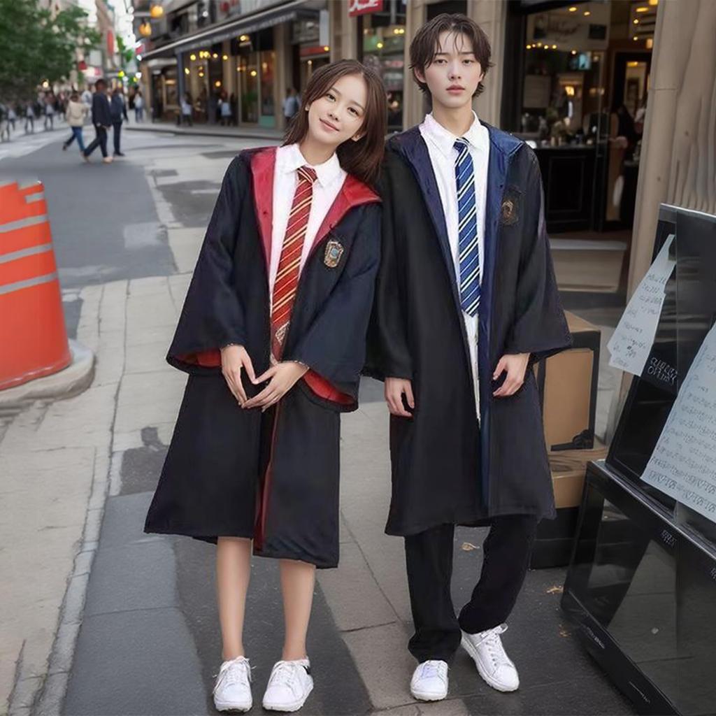 AMIBUDCCI Harry Potter Cosplay 5-teiliges Set, Enthält Umhang, Brille, Krawatte, Schal und Zauberstab (Hufflepuff 5-teiliges Set, Groß)