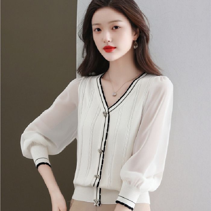 V-neck Patchwork Women's Short, Stylish, Thin Long-sleeved Top