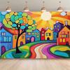 2D Vibrant Colorful Houses and Tree Photography Background Cloth