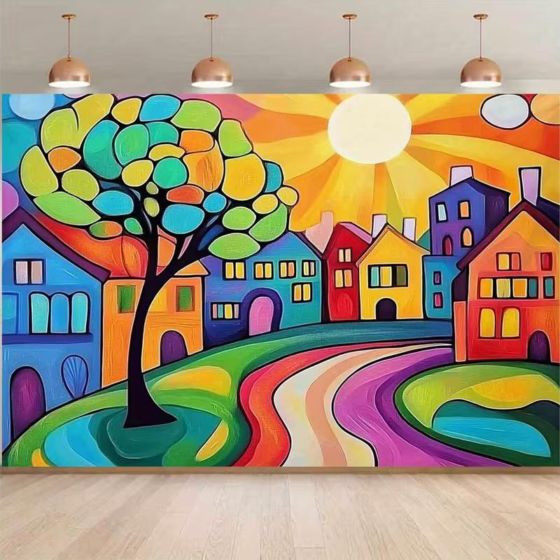 

2D Vibrant Cartoon Street Backdrop Colorful Houses Sunlight Party Decor Background Cloth 47.2x31.5inch/120*80cm