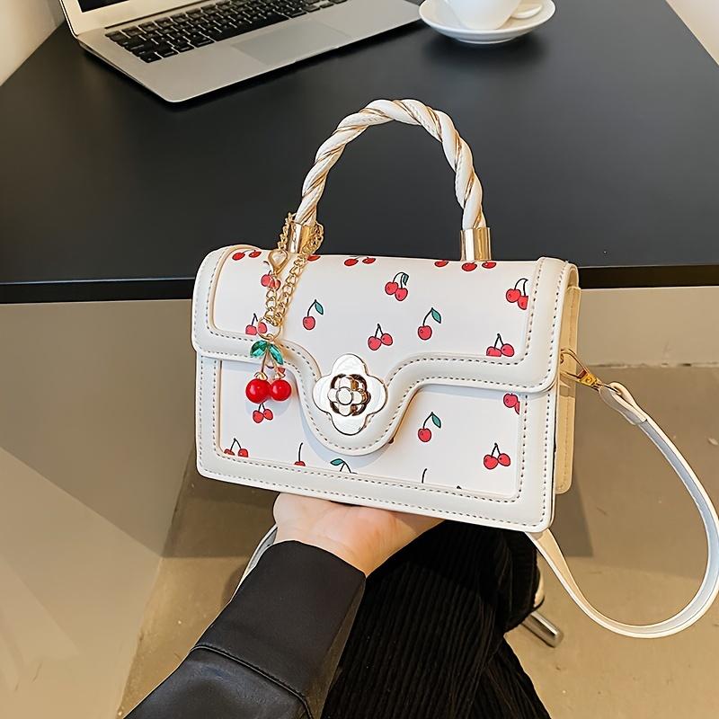 Cherry Print Handbag for Women, Sweet Mini Crossbody Bag, Stylish Flower Lock Shoulder Bag Square Purse
