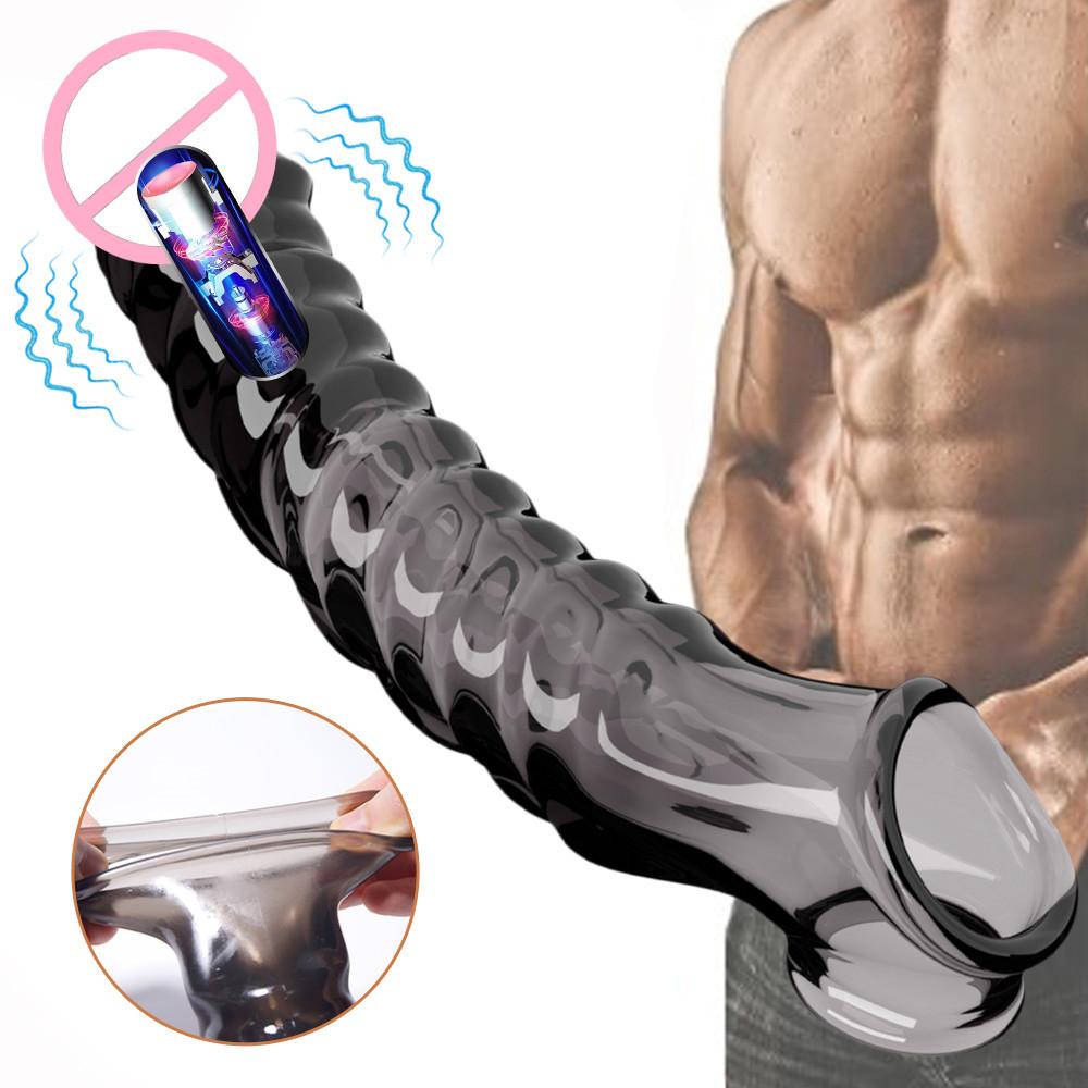 Przezroczysty Penis Extend Sleeve z wibratorem Wielokrotnego użytku prezerwatywy Dildo Penis Enhancer Opóźnienie wytrysku Pierścienie na penisa Zabawki erotyczne dla mężczyzn