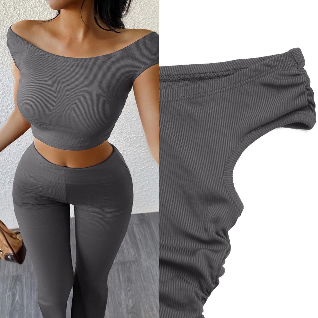Women Y2K Solid Color Crop Top Long Pants Set Slim Sexy Casual Sportswear Summer