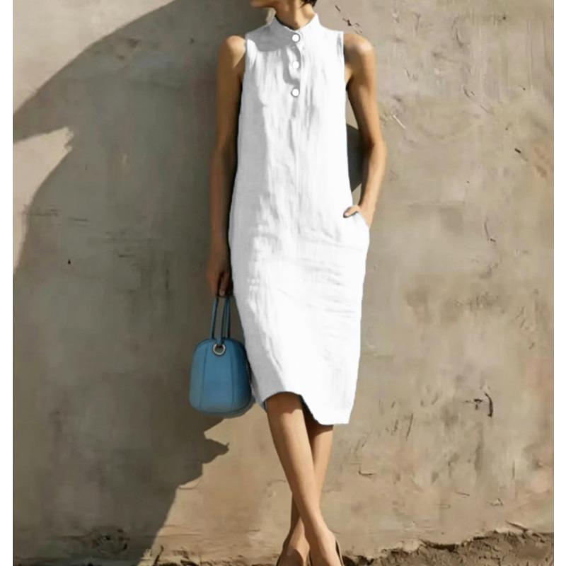 Abito Midi Casual da Spiaggia da Donna, Aderente, Senza Maniche, Colore Unito, Linea A