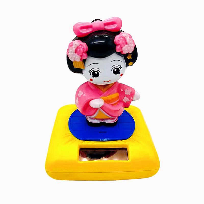 New Solar Powered Japanese-Style Doll Car Ornament Kimono Girl Shaking Head Nod Head Cartoon Doll Dashboard Cute Car Accessories