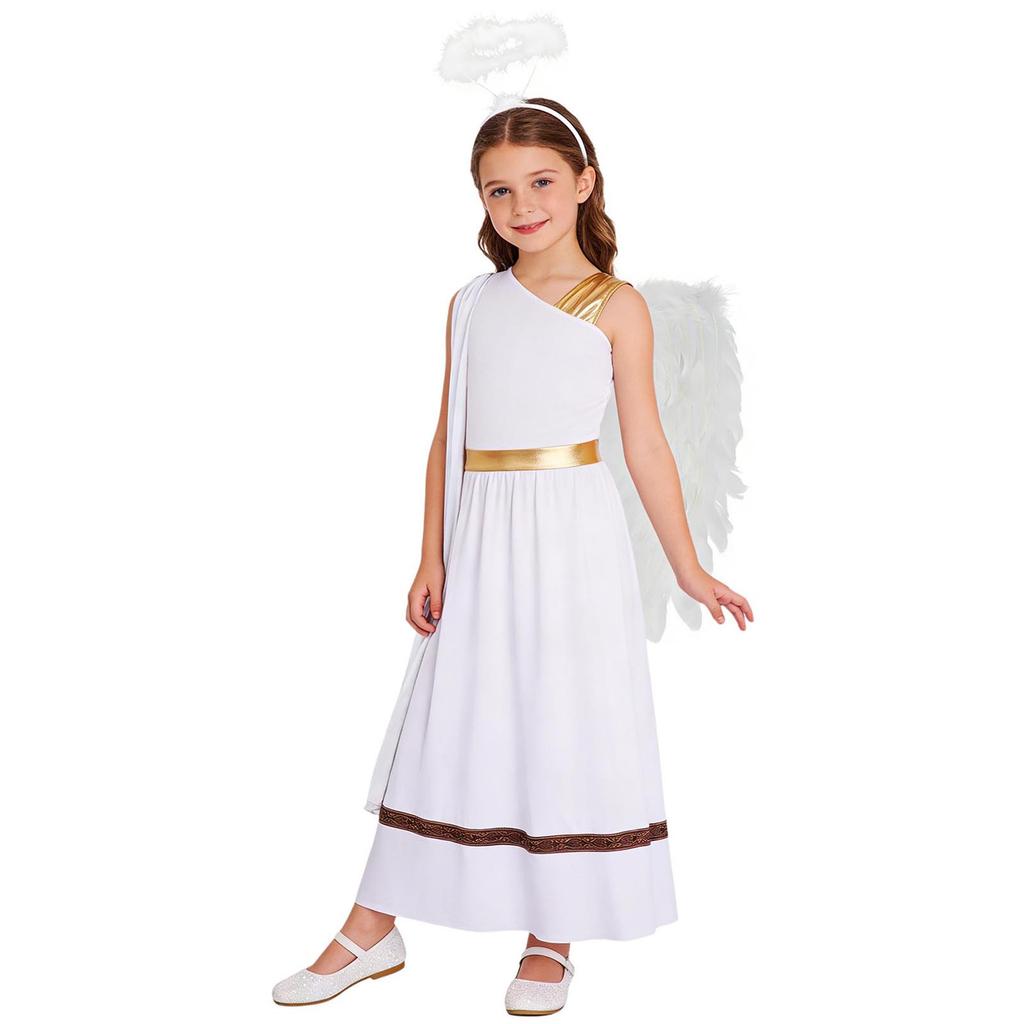 Girls 3 Pieces Greek God Roman Costume Outfit Metallic Gloss Patchwork Sleeveless Dress with Feather Angel Wings and Hair Hoop Cosplay Stage