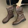 Women's Boots Round Toe Pleated Ankle Botines Fashion Belt Buckle Design Chunky Heel High Heels Comfort Non Slip Mid Calf Boots
