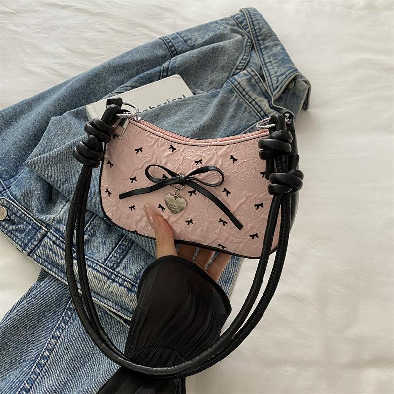 Pink super fire bow crescent armpit bag women's summer 2025 new high-end light luxury niche shoulder small square bag