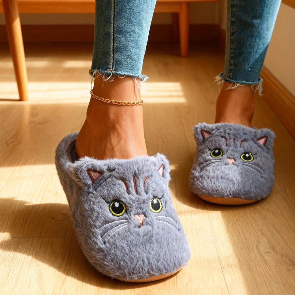 Dammode Höst och Vinter Katt Söta Inomhus Tofflor med Mjuk Sula