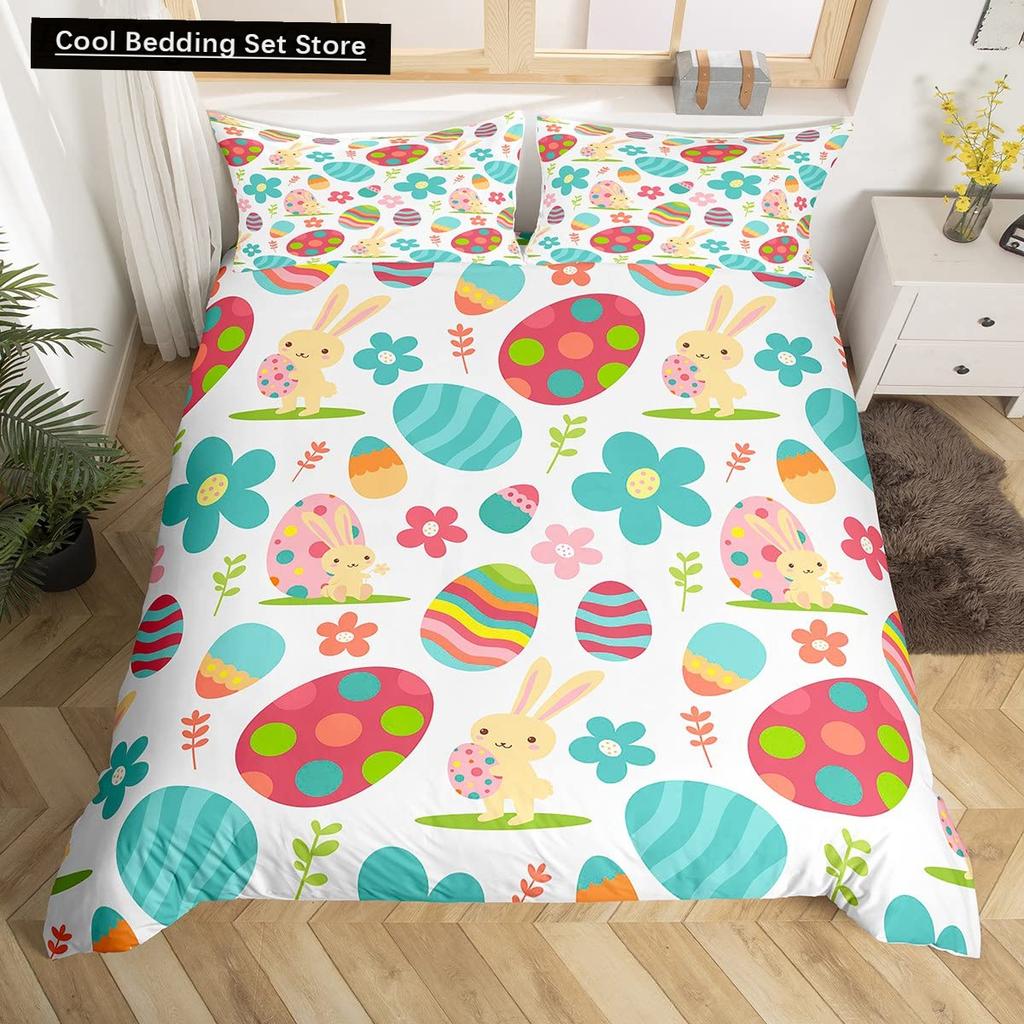 Watercolor Easter Eggs King Queen Bedding Set Happy Easter Themed Duvet Cover Toddlers Rainbow Easter Egg Polyester Quilt Cover