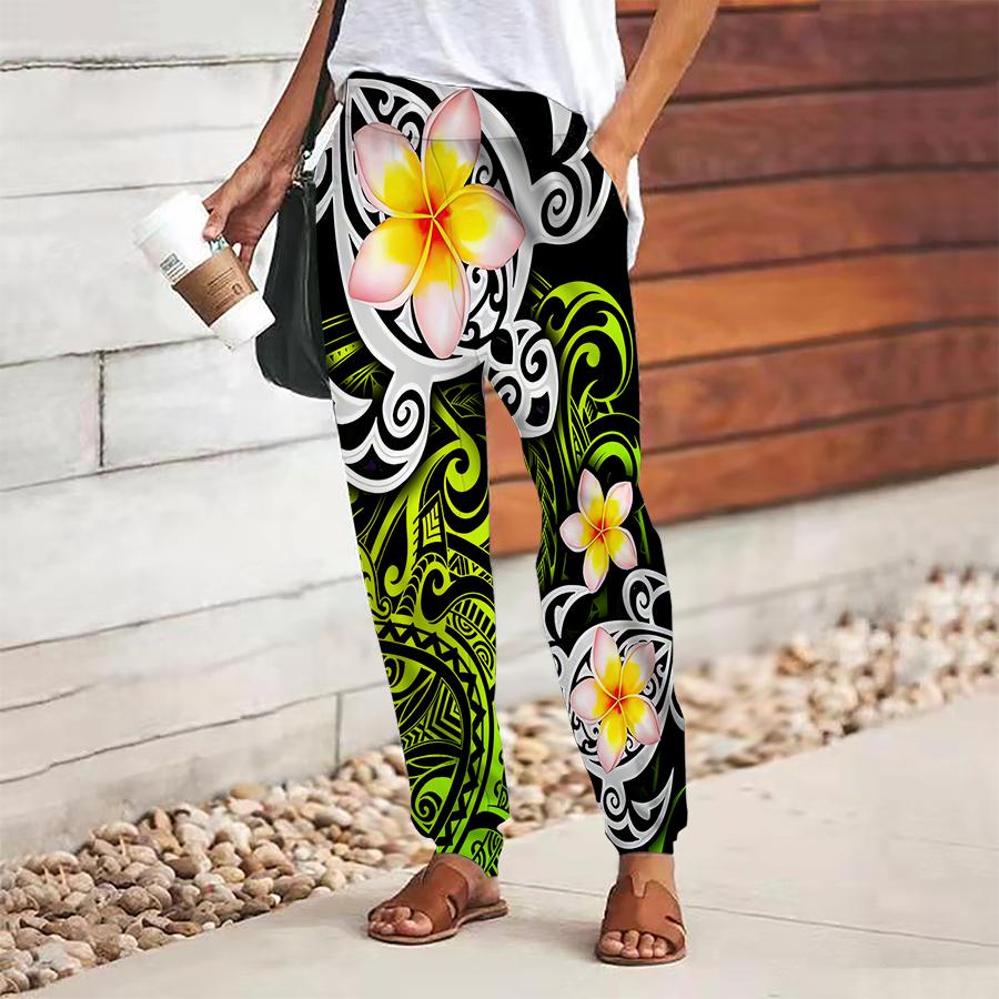 Women Flower Printing Pants Lace Up Elastic Waist Loose  Trousers Casual Long Pants Trousers with Pockets
