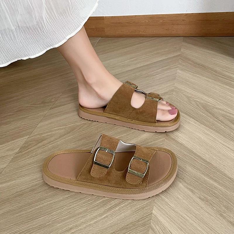 Fashion Ladies Shoes 2024 High Quality Basic Women's Slippers Fashion Belt Buckle Casual Slippers Women Hot Sale Peep Toe Flat Slippers
