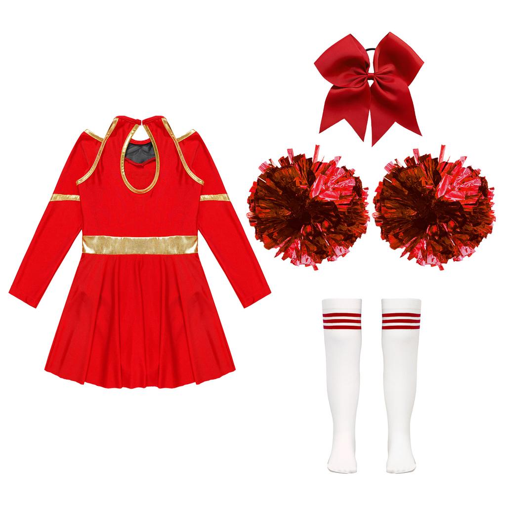 Kids Girls Shiny Cheerleading Costume Schoolgirls Dance Dress Uniform Complete Outfit with Pom Poms for Halloween Party