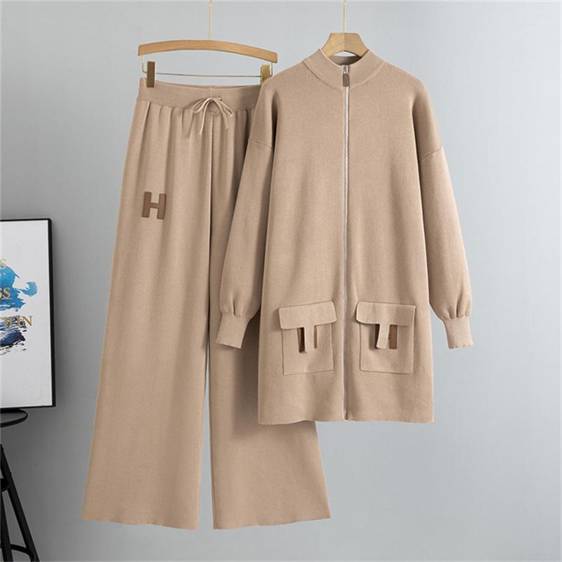 

Женский осенне-зимний модный повседневный костюм средней длины, вязаная рубашка с открытым передом, брюки, костюм-двойка One Size хаки