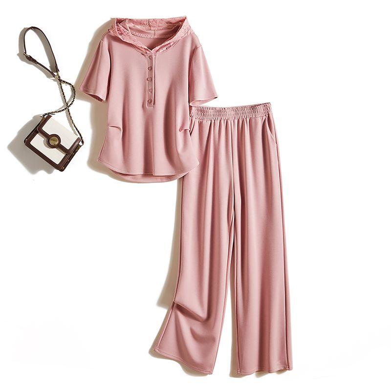 

Exquisite Sports Suit Pants Summer! Women s Hooded Lace Patchwork Stretch Cotton Short-Sleeved Hoodie + Long Wide-Leg Pants Pink 4XL