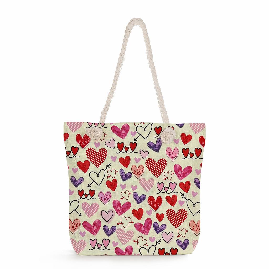 Multifunctional Valentine's Day Printed Thick Rope Shoulder Beach Bag Casual Large Capacity Handbag 0122