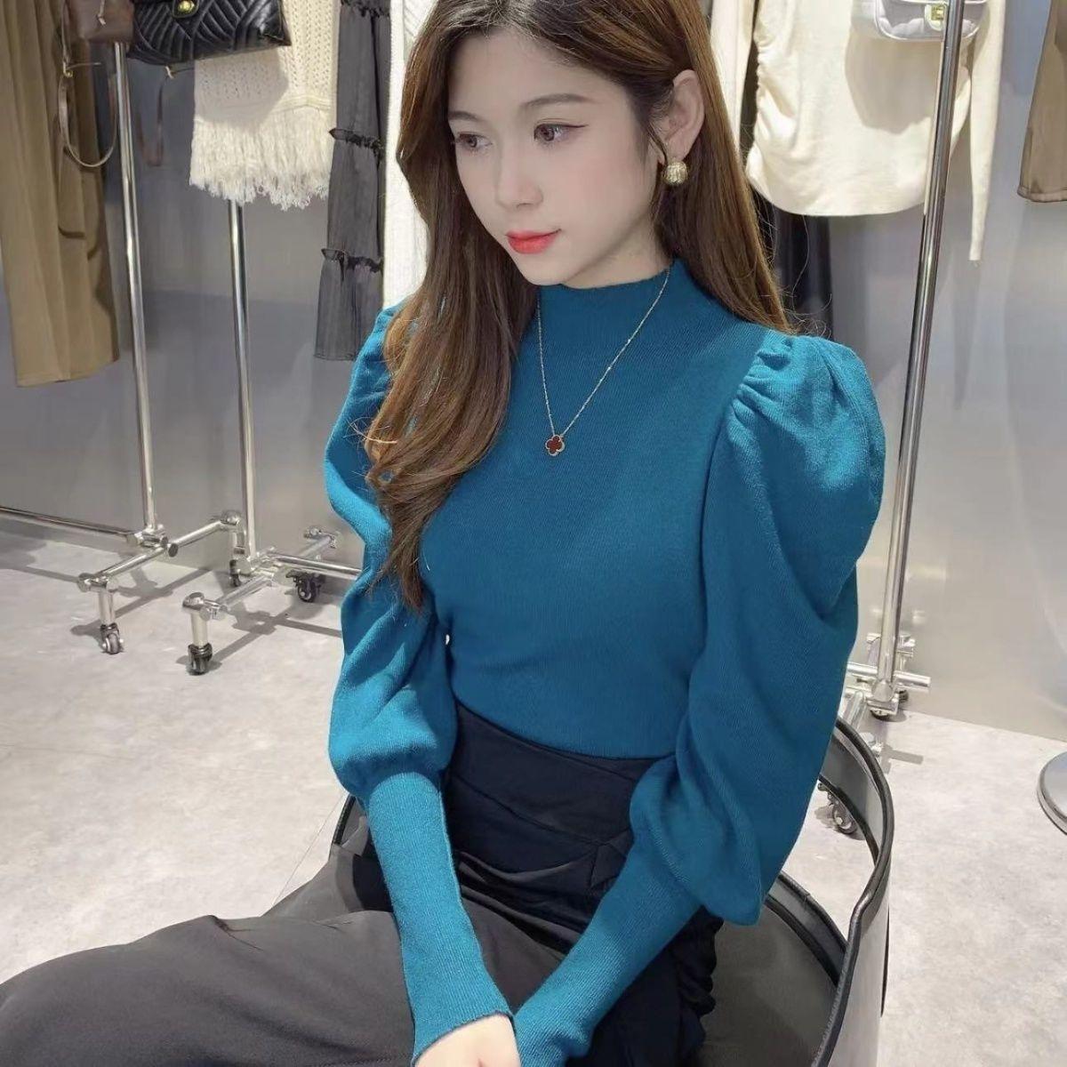 

Осенне-зимняя трикотажная рубашка с рукавами-фонариками и средней горловиной для женщин, базовая рубашка с полувысоким воротником, пуловер, топ для ношения на улице L синий