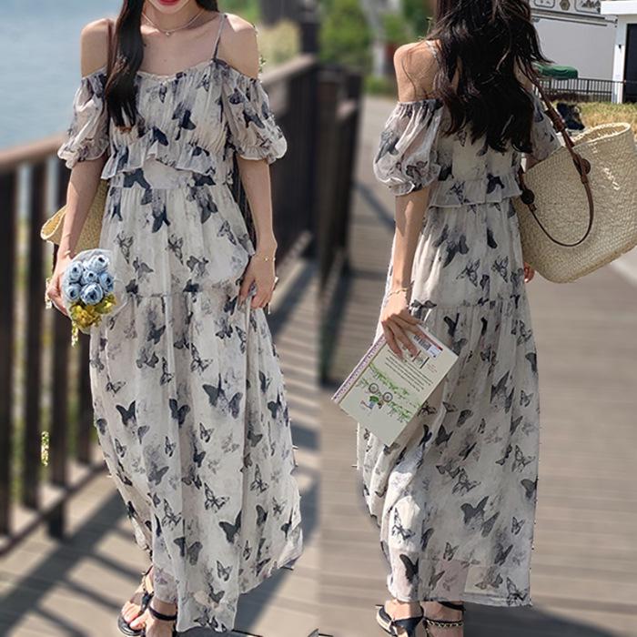 Women s Elegant French Floral Off-the-Shoulder Summer A-line Dress M