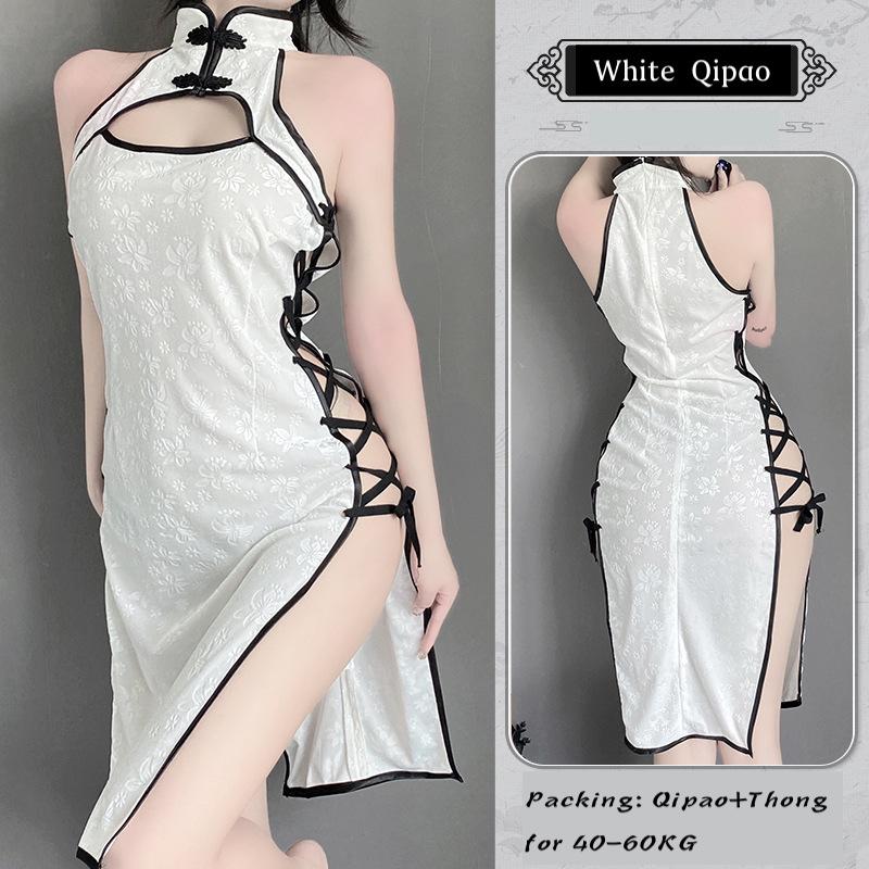 Erotic Qipao Lingerie Sexy Cheongsam Dress Hollow Bra Jacquard Porn Outfit High Split Bandage Retro Chinese Cosplay Costumes