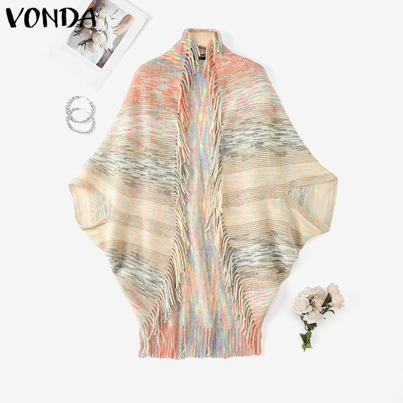 ZANZEA Women Batwing Long Sleeve Striped Open Front Tassel Hem Casual Knitted Sweaters Cardigans