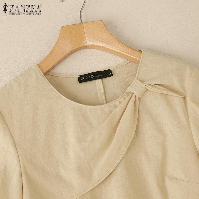 ZANZEA Women Casual Round Neck Loose Summer Cotton Short Sleeve Blouse