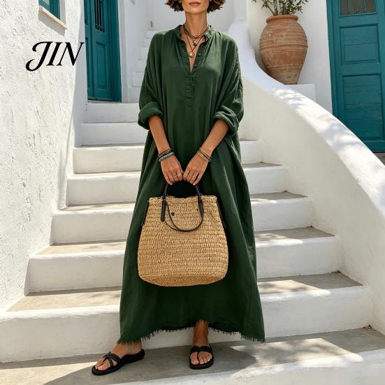 Women Summer Party Dress Maxi for Women, V-Neck Casual Oversized Boho Long Comfortable Daily Wear Dress, Sleeve Button Up Vacation Sundress