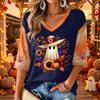 Women's V-Neck Casual Halloween Print Three-Quarter Sleeve Top for Fall Festive Occasions