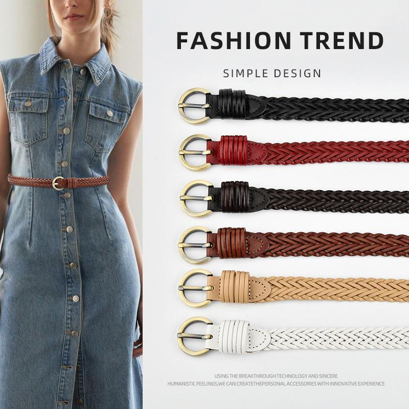 Women's Hand-woven Thin Belt Round Alloy Buckle Dress Belt Trendy Decorative Belt Women