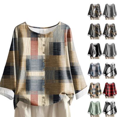 Women's Casual Long-sleeved Round Neck Retro Geometric Print Cotton And Linen Top
