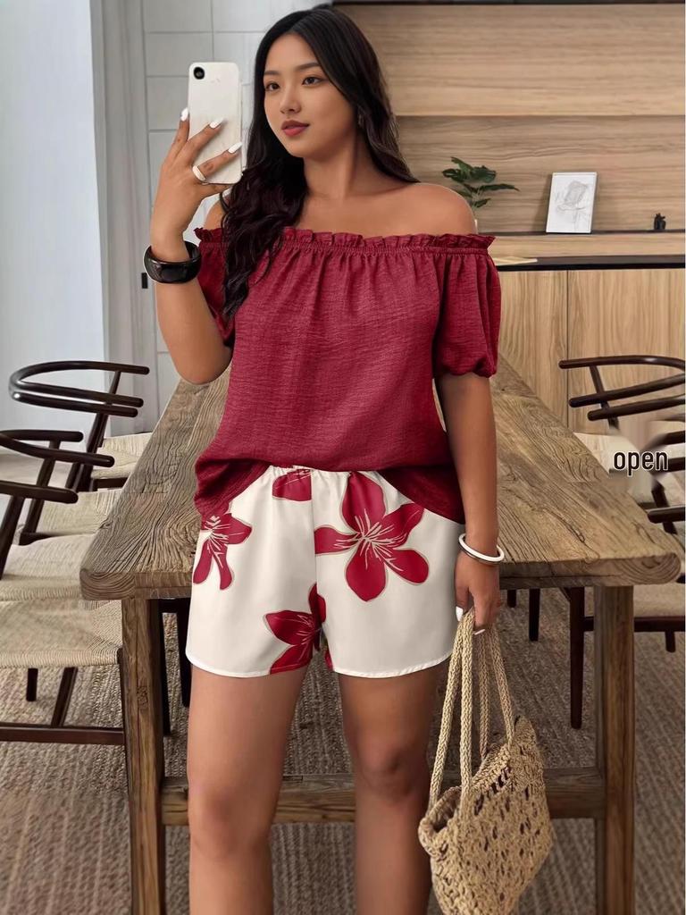 2026 European & American Cross-Border Summer Women's One-Shoulder Short Sleeve Shorts Set