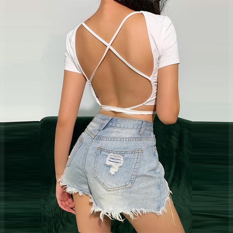 Open Back Crop Tops Summer Women Bandage Lace-up Backless Solid Pullover T Shirt Slim Tee
