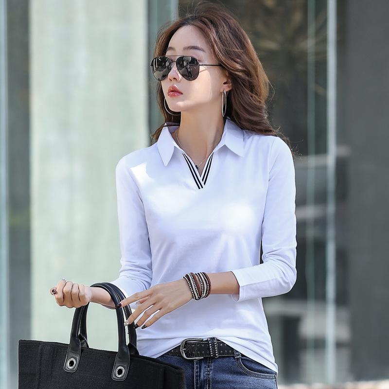 Camisa informal de algodón con solapa para mujer, Tops ajustados de manga larga para mujer, camisetas coreanas de primavera para oficina, blusa elegante para mujer