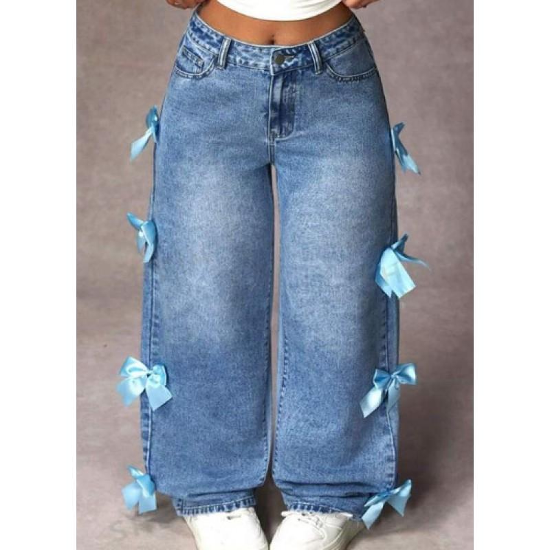 Y2K Streetwear Butterfly Knot Patchwork Washed Denim Jeans Loose Straight Leg Wide Fit Womens Pants