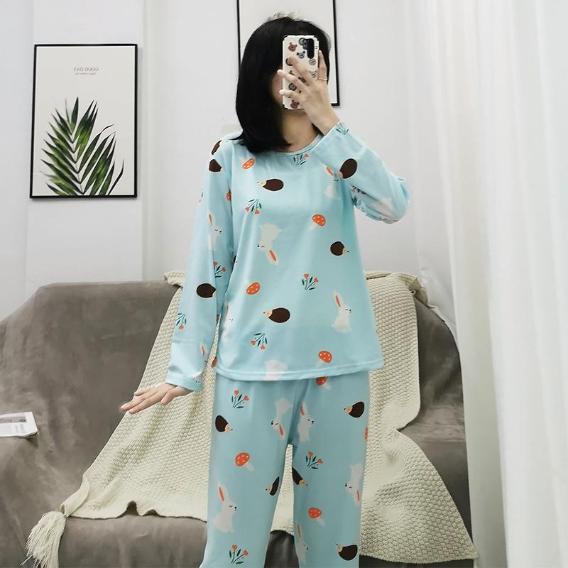 Spring and Autumn women's cartoon pajamas, pink girl cat print long-sleeved suit, loose loungewear