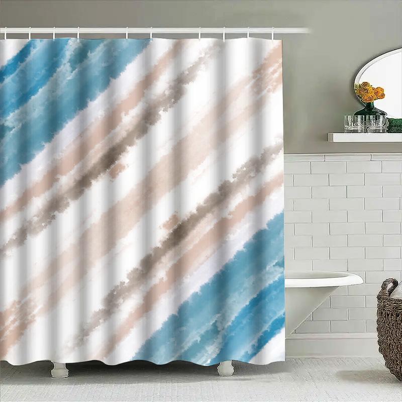 Modern Bathroom Shower Curtain With Colorful Stripes Waterproof Fabric Design For Home Decor (Blue Pink) Size 69X72